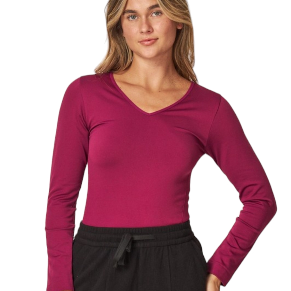 Womens Raspberry Fleece Lined Seamless V neck Long Sleeve NWT